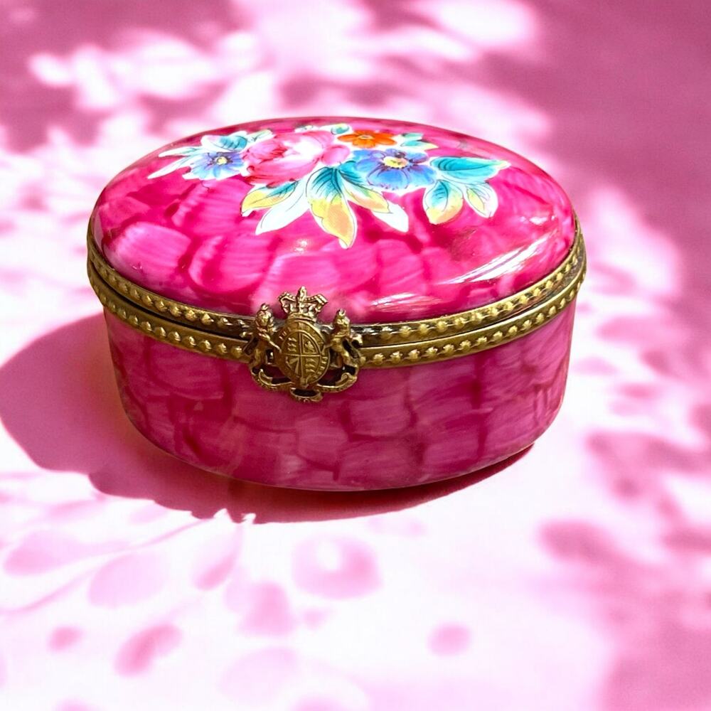 Authentic Limoges Hot Pink Floral Trinket Box, Engagement Ring Box, Pillbox